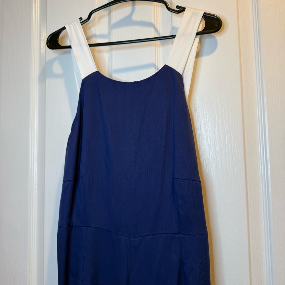 Anthropologie Navy Blue White Strap Wide Leg Jumpsuit Size M - Picture 3 of 10